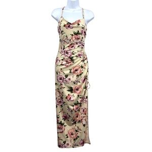 Floral Ruched Maxi Dress in Cream and Pink Flowers